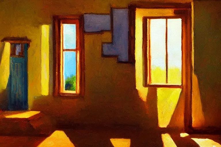 Image similar to rays of the morning sun shining through the window of the village house. very beautiful, clear sky, warm shiny colors, oil painting