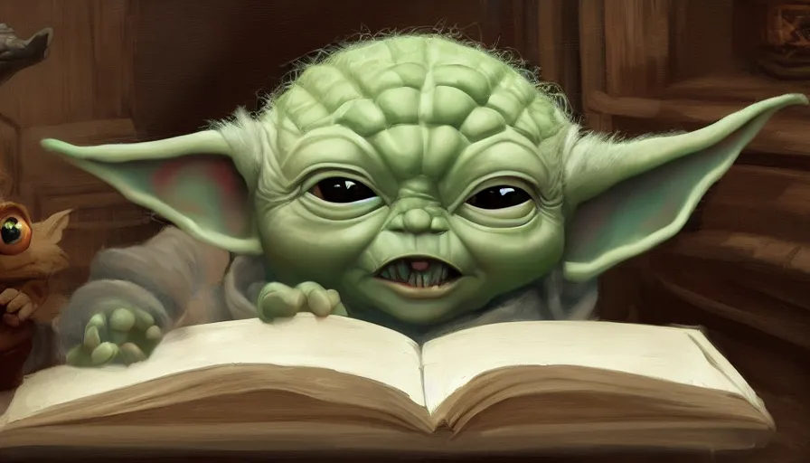 Image similar to baby yoda reading book near the fireplace in the chalet, hyperdetailed, artstation, cgsociety, 8 k