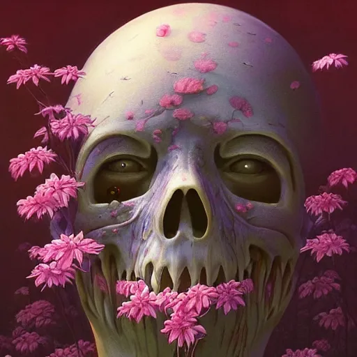 Image similar to a beautiful nature portrait of a p - zombie!!! natural lighting art dawn. highly detailed. colourful. moody. artstation, 4 k, by gerald brom zdzisław beksinski, and ansel adams and studio ghibli, horror, lots of sakura flowers, lovely