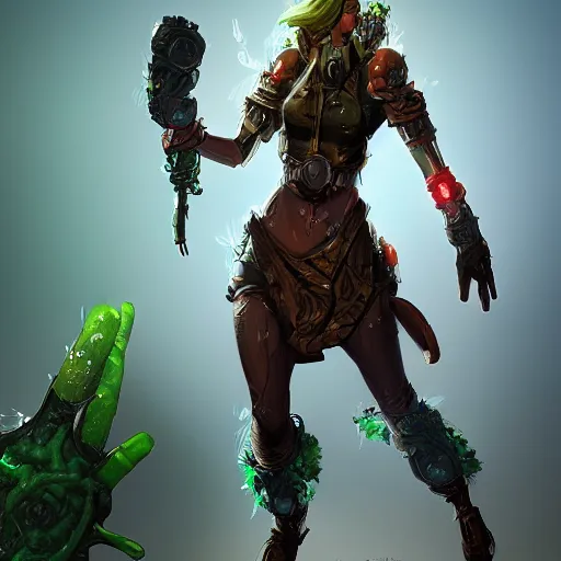 Image similar to female earth mage, high quality character design, action pose : : spotlight, biopunk, forestpunk, high detail, 1 6 k, oled, shadows, reflections, digital art