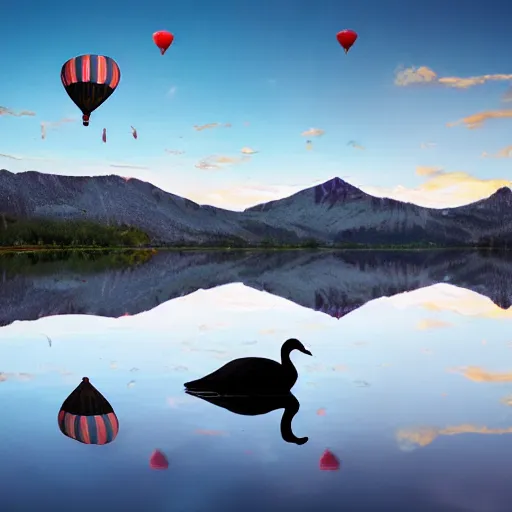 Image similar to photo of two black swans touching heads in a beautiful reflective mountain lake, a colorful hot air balloon is flying above reflecting off water, hot air balloon, intricate, 8k highly professionally detailed, centered, HDR, CGsociety