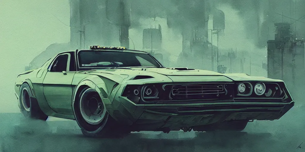 Prompt: vintage muscle car design, futuristic, kyza, ash thorp, simon stalenhag, hard surface, cyberpunk , sci-fi, wide body, sport car, exotic, in watercolor gouache detailed paintings