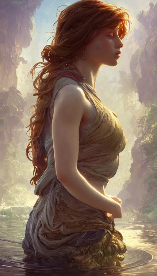 Image similar to girl in a river, fibonacci, sweaty, insane, intricate, highly detailed, digital painting, artstation, concept art, smooth, sharp focus, illustration, Unreal Engine 5, 8K, art by artgerm and greg rutkowski and alphonse mucha