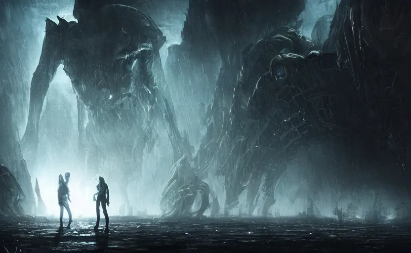 Prompt: an epic extraterrestrial battle in new york city, in the style of the abyss, epic scene, extremely detailed masterpiece, extremely moody lighting, glowing light and shadow, atmospheric, shadowy, cinematic, god lighting