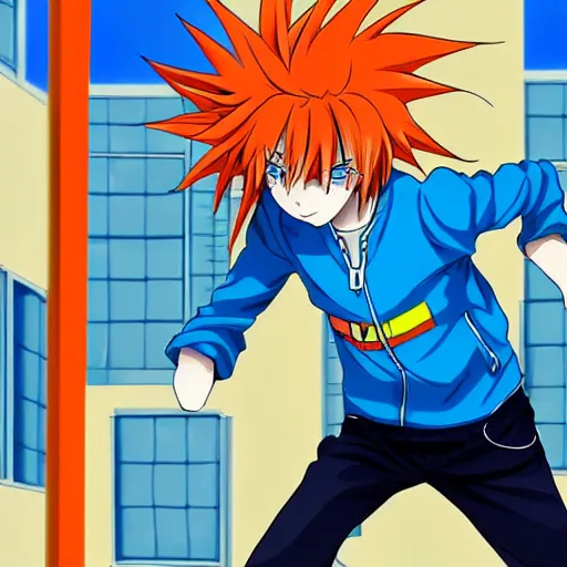 Image similar to orange - haired anime boy, 1 7 - year - old anime boy with wild spiky hair, wearing blue jacket, running past colorful building, red - yellow - blue colored building, turquoise aquamarine windows, strong lighting, strong shadows, vivid hues, ultra - realistic, sharp details, subsurface scattering, intricate details, hd anime, 2 0 1 9 anime