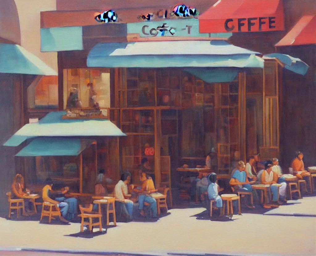 Image similar to a serene painting of a street - side coffee shop