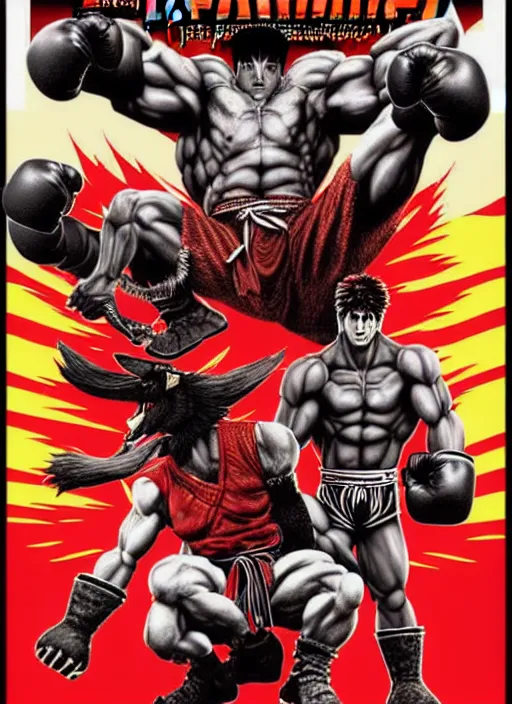 Image similar to extreme long shot. 8 bit nes graphics. antropomorphic muscular masculine wolf. kickboxer fighter, in shorts. wolf head. fine details, very sharp, art from nes game cartridge, 8 0's, vhs artefacts, vaporwave style, marc simonetti and hermann nitsch. streetfighter, kung fury movie