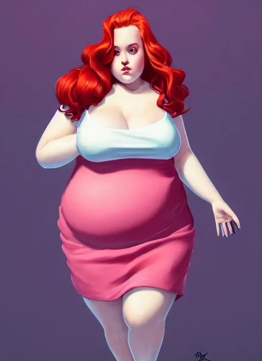 Prompt: full body portrait of teenage cheryl blossom, obese, bangs, sultry, realistic, red hair, sultry smirk, wavy hair, pink skirt, fat, obese, intricate, elegant, glowing lights, highly detailed, digital painting, artstation, concept art, smooth, sharp focus, illustration, art by wlop, mars ravelo and greg rutkowski