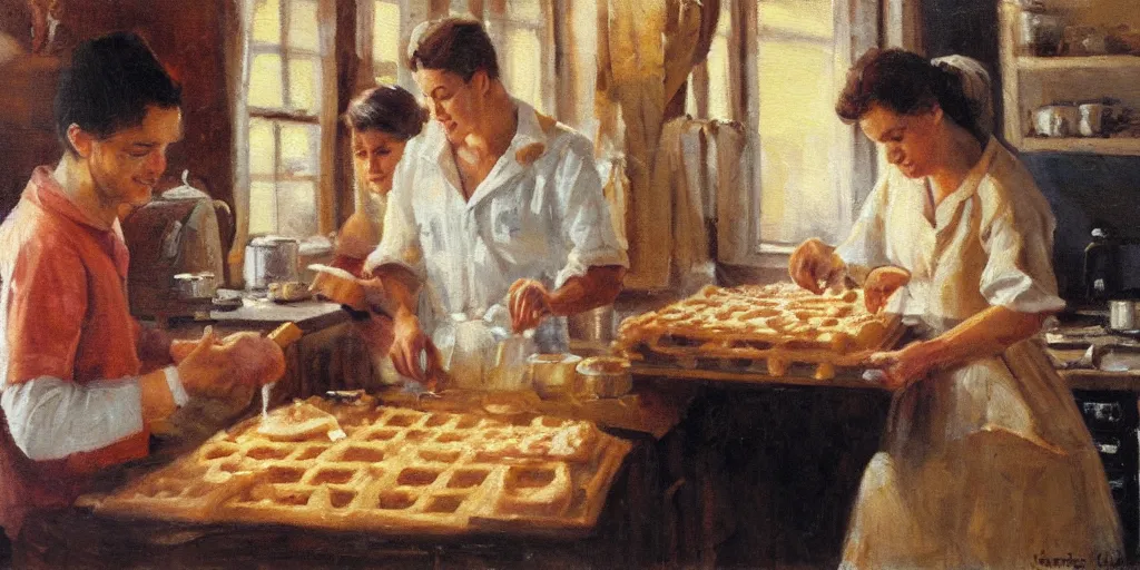 Image similar to A couple baking waffles together, oil painting, romantic