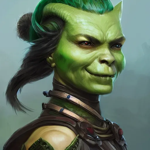 Prompt: a full bodied character portrait of a green orc warrior woman in full plate armor bald with a ponytail, by greg rutkowski, wlop, astri lohne, wei wang, trending on artstation