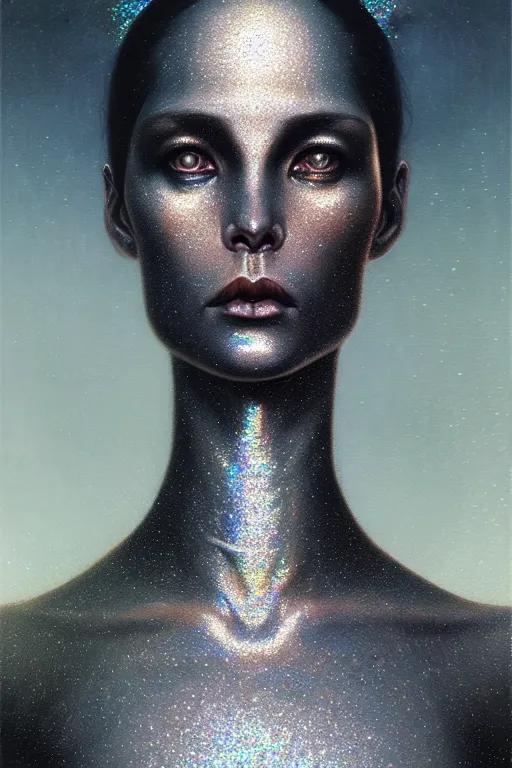 Prompt: pearlescent! black lilith! the mother of all creatures!! stares into the void, covered in iridescent glitter!!, raining ash, fine art masterpiece, highly detailed dino valls wayne barlowe machiej kuciara, dramatic lighting, medium shot, side angle, uhd 8 k, sharp focus