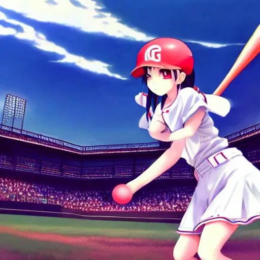 Prompt: this is the most beautiful anime girl playing baseball in the most beautiful artwork of the most beautiful anime girl playing baseball!, artstation!! pixiv!!, scenery art detailed, volumetric lighting, by range murata