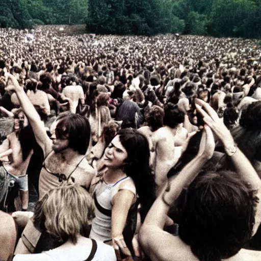 Prompt: party people enjoying Woodstock, old photo from 1969