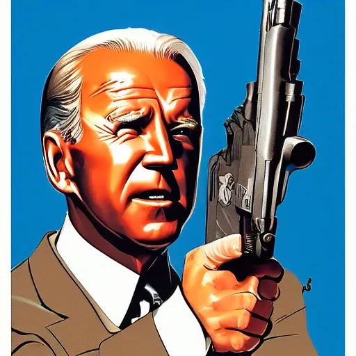 Image similar to propaganda poster of joe biden pointing gun directly at camera in james bond movie, closeup of gun, visible barrel and grip by j. c. leyendecker, bosch, lisa frank, jon mcnaughton, and beksinski