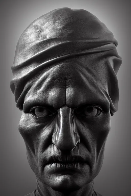 Prompt: polished black marble bust of a man with half skull statue hiding his face under a red velvet veil, sculpted by hedi xandt, epic and cinematic view, volummetric light, texturized, detailed, 8 k