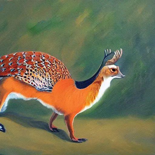 Image similar to A painting of a pheasant eating a fox