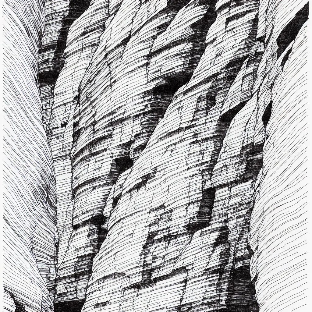 Image similar to slot canyons by moebius, minimalist ink drawing with long lines