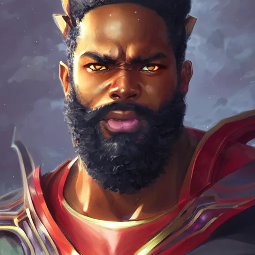 Prompt: semi realistic anime illustration of bearded black man as a god of thunder, with beautiful hyperdetailed eyes, facing camera directly, full face portrait made by Stanley Artgerm, WLOP, Rossdraws, James Jean Andrei Riabovitchev, Marc Simonetti, Yoshitaka Amano, Artstation
