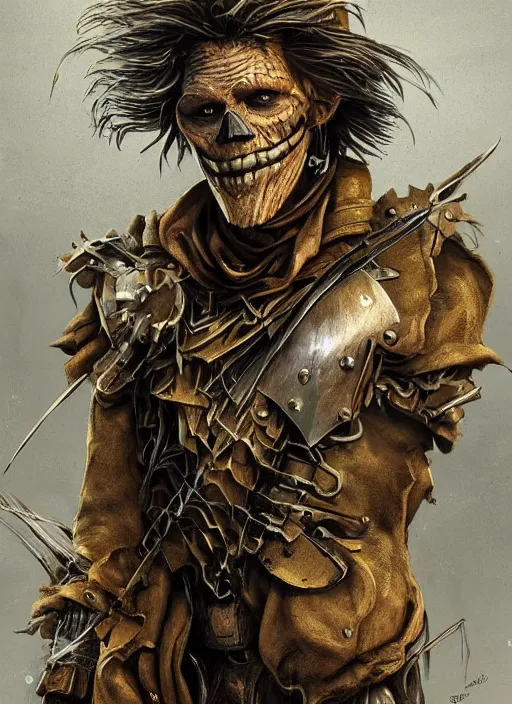 Image similar to powerful male scarecrow, willem dafoe as scarecrow, full body character concept, covered in full metal armor, art nouveau, super powers, fantasy, intricate, elegant, highly detailed, digital painting, artstation, concept art, shining, sharp focus, illustration, art by stanley lau