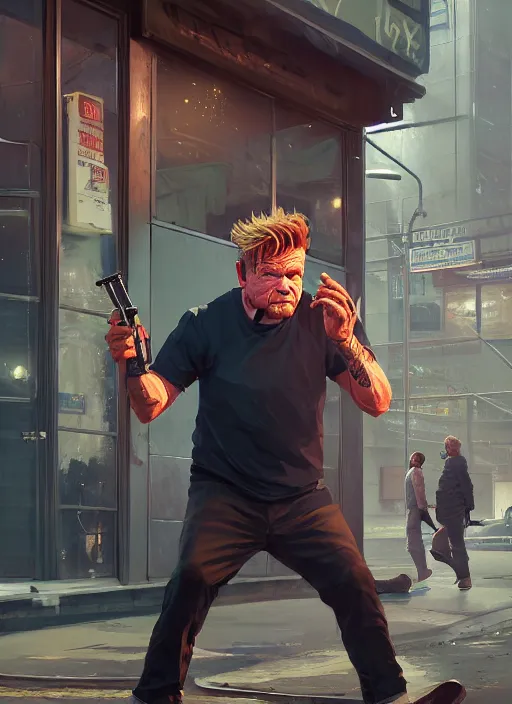 Image similar to Highly detailed full-body portrait of homeless Gordon ramsay, in GTA V, Stephen Bliss, unreal engine, fantasy art by Greg Rutkowski, Loish, Rhads, Makoto Shinkai and Lois van baarle, ilya kuvshinov, rossdraws global illumination, radiant light, detailed and intricate environment