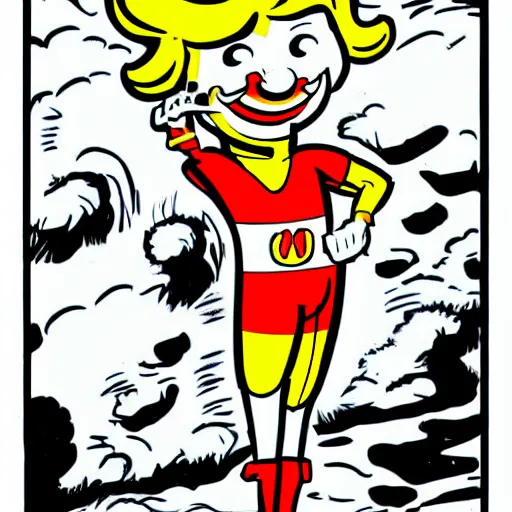 Prompt: ronald mcdonald comic - book drawing from mad - magazine pen and ink with full - color artwork, vector svg