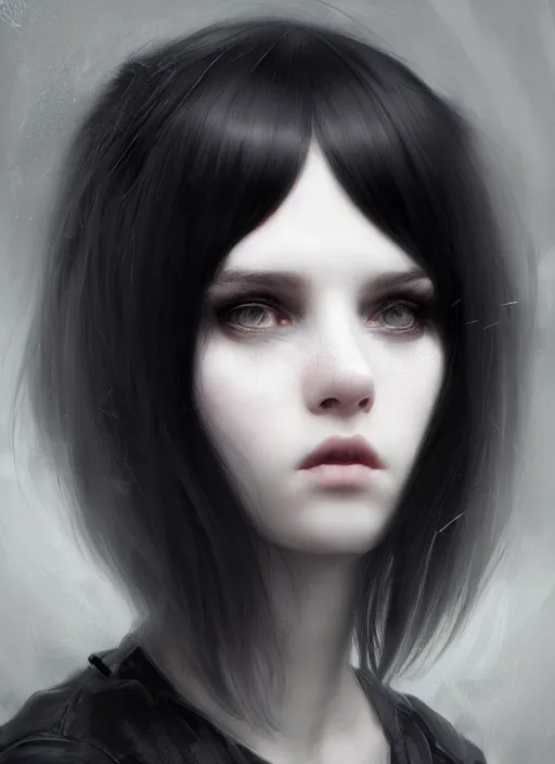 Image similar to portrait of white teenage girl, normal face, white bangs, mall goth, cyberlox, black and white hair, bangs, fluffy bangs, intricate, elegant, highly detailed, digital painting, artstation, concept art, sharp focus, smooth, illustration, art by wlop, mars ravelo and greg rutkowski