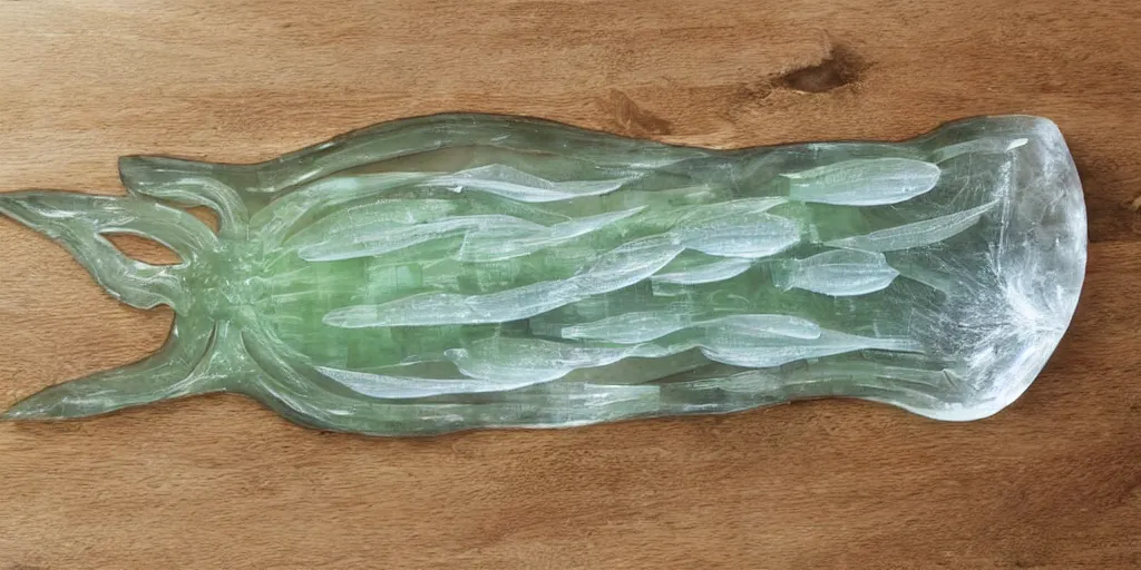 Image similar to a transparent sea creature laying on a chopping board made out of an olive tree