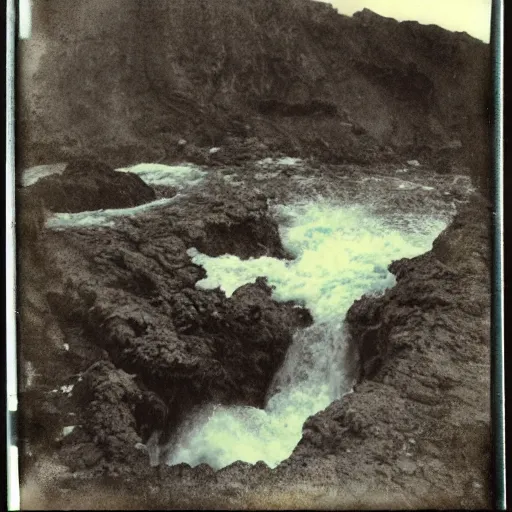 Image similar to a caldera with rushing water at the bottom, creepy, eerie, unsettling, terrifying, jagged rocks, dark, old polaroid, expired film, deep!!, dark!!!