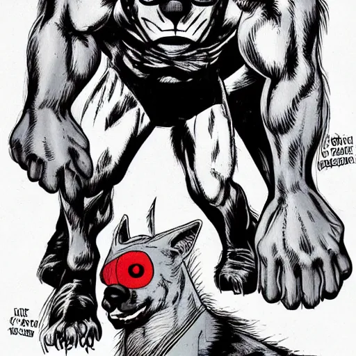 Image similar to dogman, dog head, superhero body, evil, rob liefeld