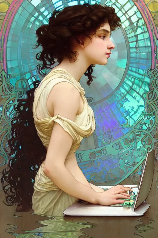 Prompt: a digital illustration of a brunette girl with curly hair working on her laptop, iridescent scaled skin, refraction and reflections, translucent, shawl, artstation, painting by alphonse mucha and bouguereau and ruan jia and conrad roset