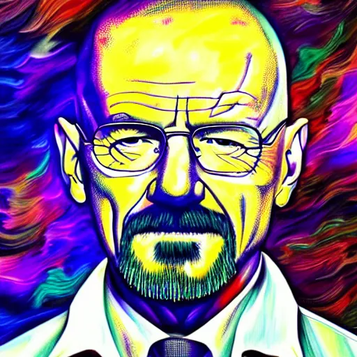 Image similar to walter white with a psychedelic background