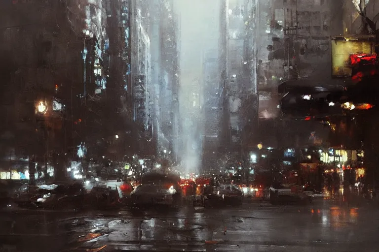 Image similar to cityscape painted by jeremy mann, street - level, dripping oil paint, highly detailed, high resolution