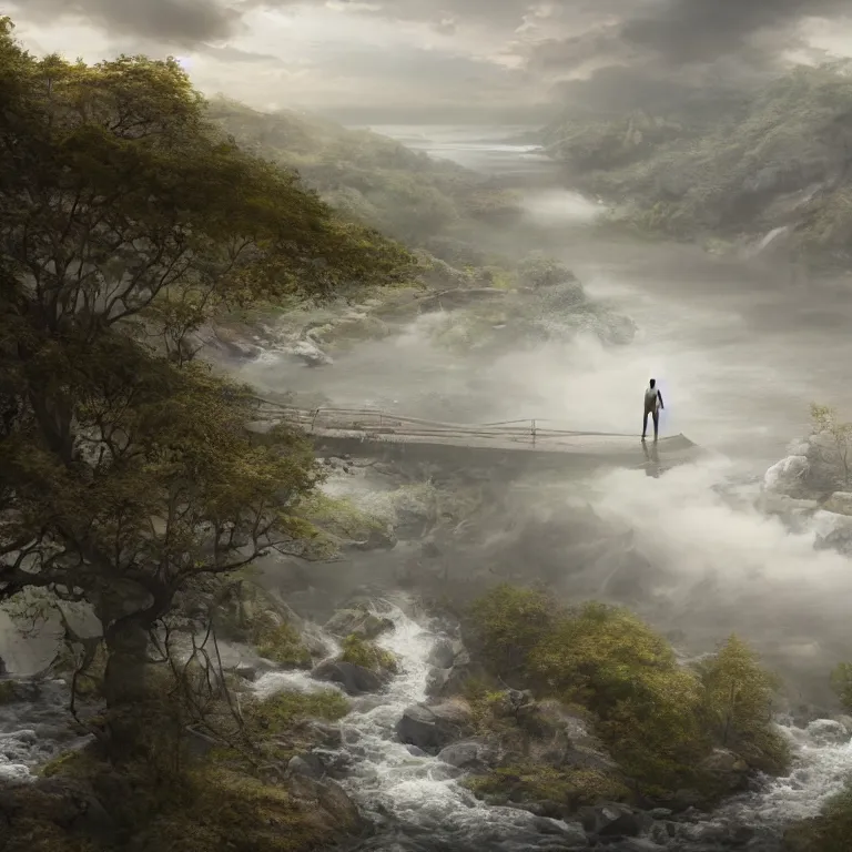 Image similar to a person standing on a bridge over a river, a detailed matte painting by kano naizen, cgsociety, fantasy art, matte painting, terragen, made of mist