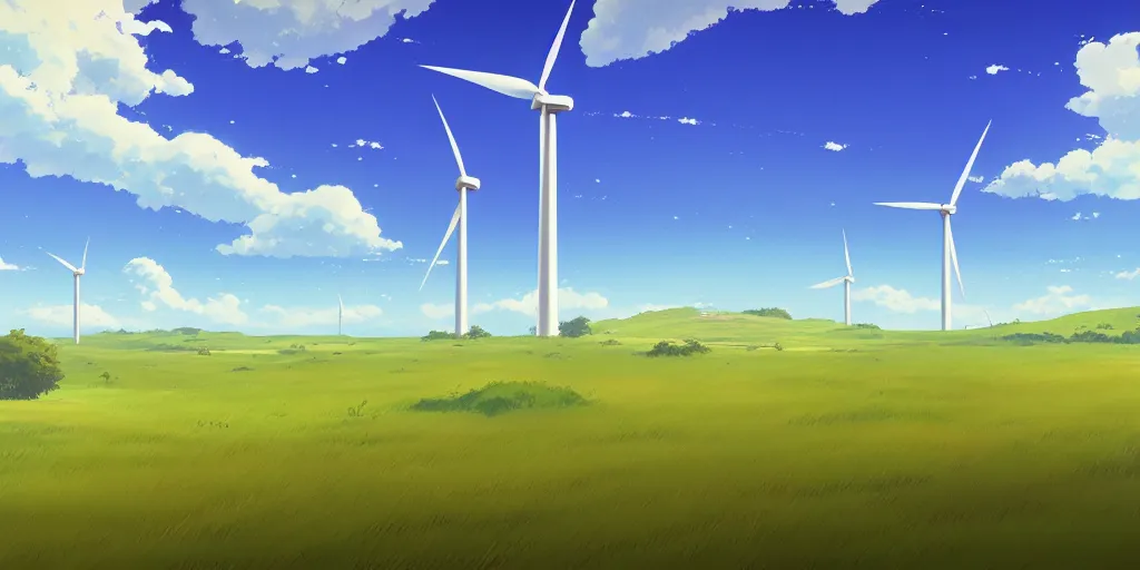 Image similar to beautiful anime painting of a field with wind turbines, clear blue skies, beach, rolling green hills, daytime, by makoto shinkai, kimi no na wa, artstation, atmospheric.