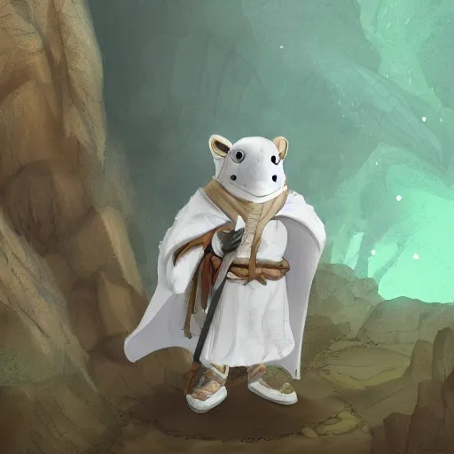 Prompt: a huggable white plush frog paladin cleric wearing a wolf pelt as a hooded cape and sketchbook and pencil while exploring a cave, photorealistic, nature, photography, national geographic, sesame street