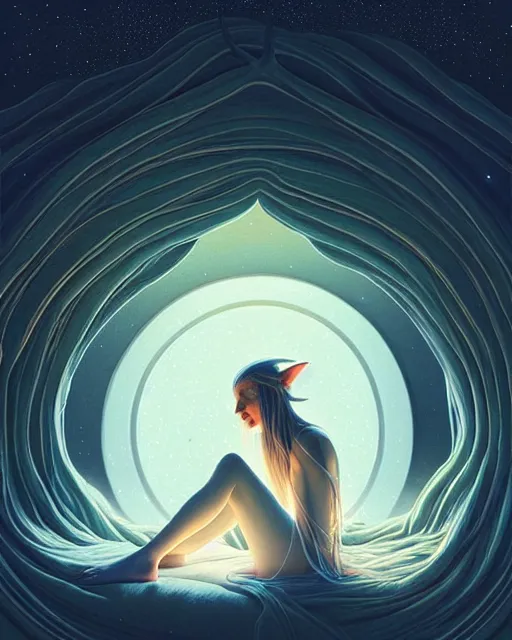 Image similar to beautiful painting of a elven sleeping on a bedroom, poster art by mor than, cgsociety, space art, sci - fi, cosmic horror, sense of awe, art by mike winkelmann, sky night, illustration, highly detailed, simple, smooth and clean vector curves, no jagged lines, vector art, smooth, artstation