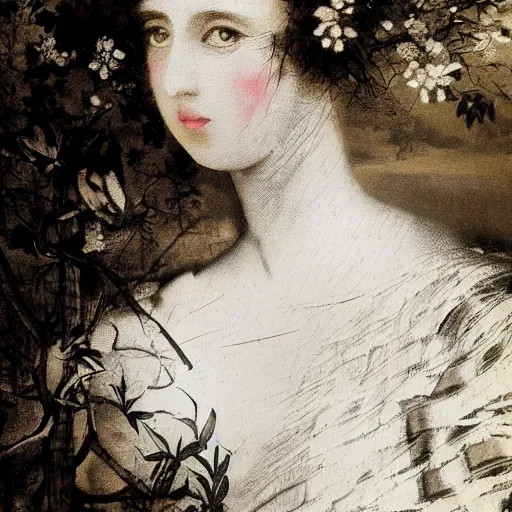 Image similar to double exposure portrait of a beautiful short dark haired feminine queen, floral composition, silhouettes of windy trees, by leonard de vinci, double exposure, by eugene delacroix