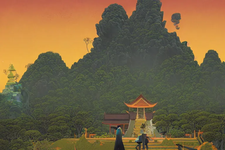 Prompt: summer morning, thai temple, rolling mountain, very coherent and colorful high contrast, art by gediminas pranckevicius, geof darrow, franz sedlacek, dark shadows, hard lighting, ukiyo - e