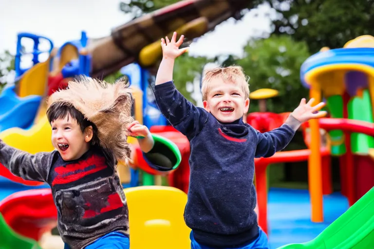 Prompt: Grogu going down a slide in a playground, still from the Mandalorian show, his arms are in the air and he’s smiling, shallow depth of field, Nikon 50mm f/1.8G