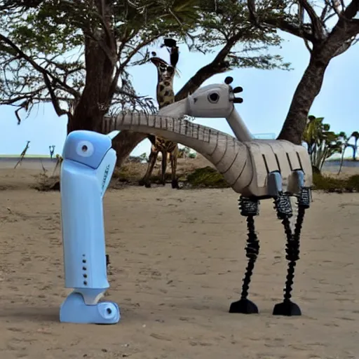 Prompt: robot bird chilling with a robot giraffe in aruba