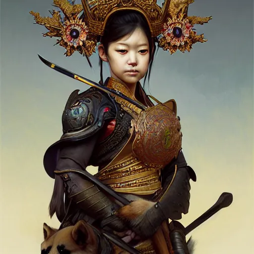 Image similar to portrait painting of a cute shiba inu warrior with crown, ultra realistic, concept art, intricate details, eerie, highly detailed, photorealistic, octane render, 8 k, unreal engine. art by artgerm and greg rutkowski and charlie bowater and magali villeneuve and alphonse mucha