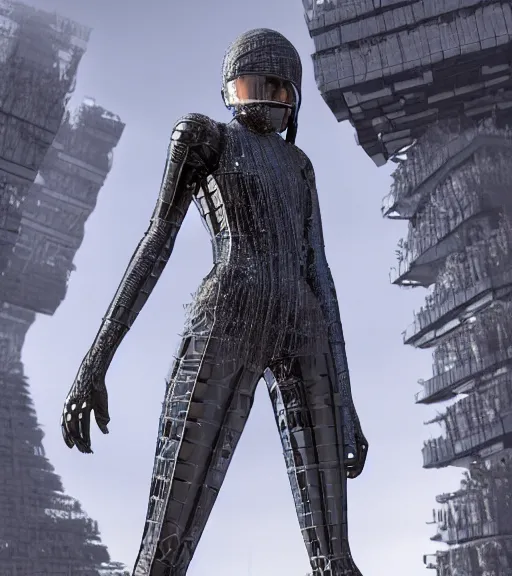 Image similar to cyber tarkovsky greatest scene, the ancient destroyed majestic tower of babylon, woman in futuristic cyber clothing, transparent puffer jacket, hyper realistic, blockchain, cyber world, ambient lighting, concept art, intricate, hyper detailed, smooth, dynamic volumetric lighting, octane, ray trace, cinematic, high quality, high resolution, 4 k, cgsociety