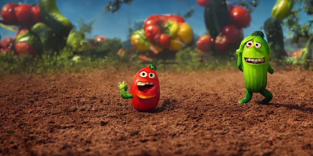 Image similar to detailed 3 d render of a raging zucchini character with a ninja sword running on dirt road, scared tomates scattered everywhere, high speed action, explosions, dramatic scene, hyper realistic octane render, cinematic lighting, splatter, deviantart, black sky, lowbrow, frame from pixar movie