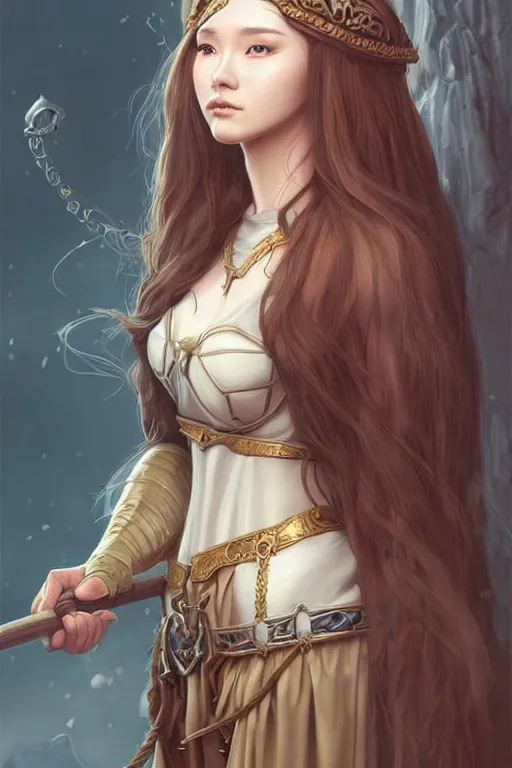 Image similar to lovely medieval maiden with long hair, character portrait, concept art, intricate details, highly detailed photorealistic portrait in the style of adam hughes, seseon yoon, artgerm and warren louw