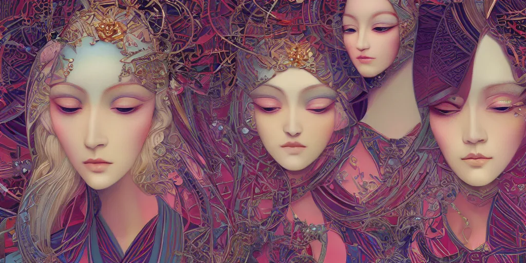 Image similar to breathtaking detailed concept art painting kaleidoscope art deco pattern of blonde faces goddesses by hsiao - ron cheng, amalgamation flowers, bizarre compositions, exquisite detail, extremely moody lighting, 8 k