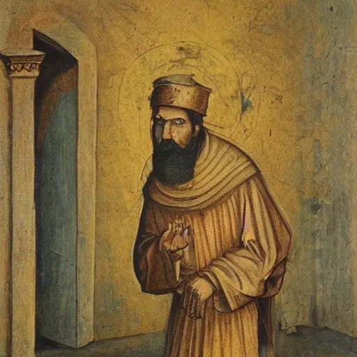 Image similar to painting by remus grecu, i dreamed i saw saint augustine striding through the quarters in the utmost misery, with a blanket underneath his arm, and a coat of solid gold