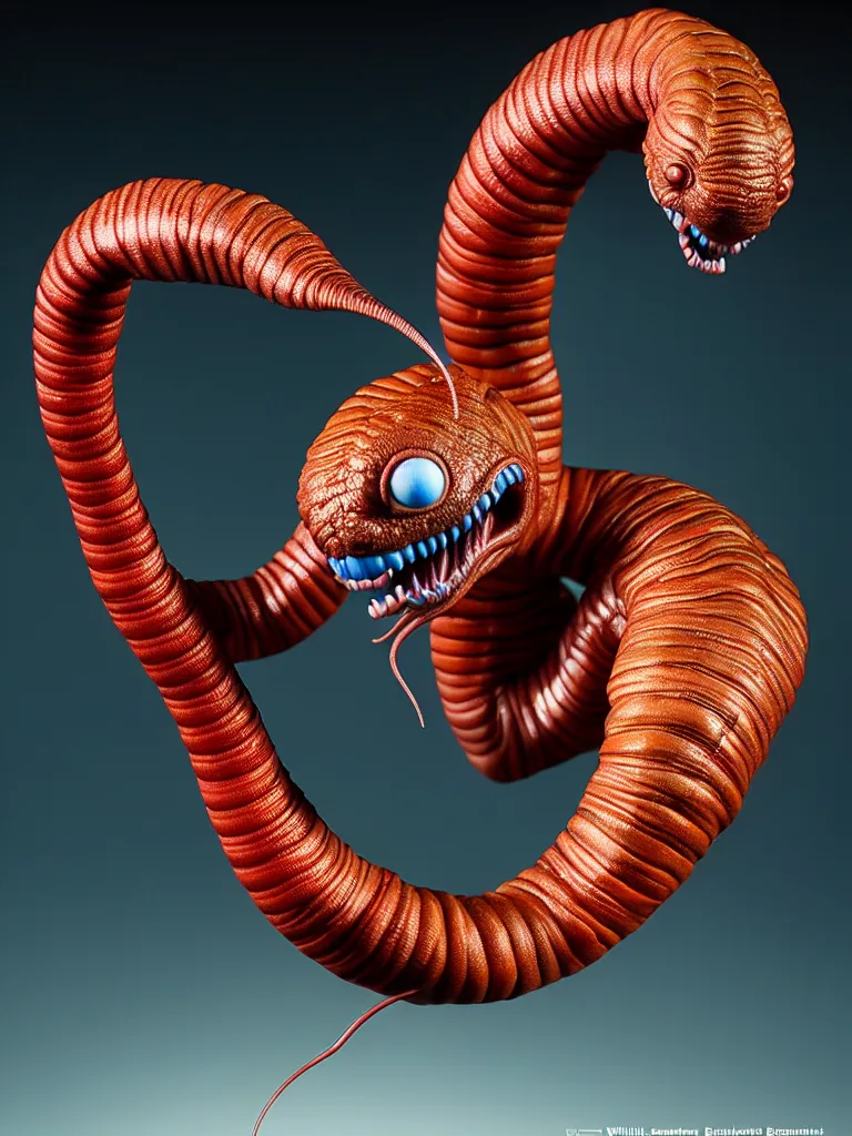 Image similar to hyperrealistic rendering, earthworm by bernie wrightson and killian eng and joe fenton, product photography, action figure, sofubi, studio lighting, colored gels, colored background