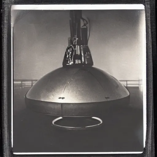 Image similar to old polaroid depicting an metallic alien probe, at a clearing