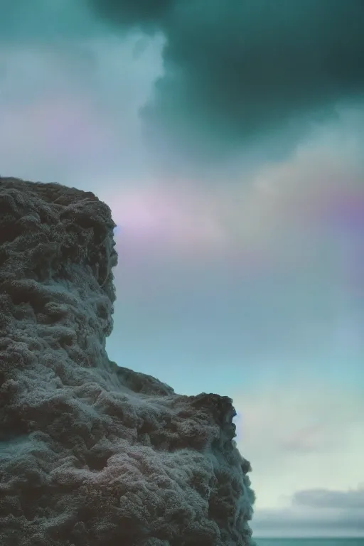 Image similar to high quality pastel coloured film close up wide angle photograph of a model wearing clothing swimming on cloud furniture in a icelandic black rock!! environment in a partially haze filled dreamstate world. three point light, rainbow. photographic production. art directed. pastel colours. volumetric clouds. pastel gradient overlay. waves glitch artefacts. extreme facial clarity. 8 k. filmic.