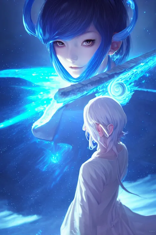 Image similar to blue dressed summoner girl fighting against outer gods with their creatures. floating planets on the background, box office hit, fantasy and cosmic horror movie, unreal engine, intricate, highly detailed 8 k, ambient occlusion, extremely beautiful and aesthetic shape of face and body, art by hiroaki samura and ilya kuvshinov and rossdraws